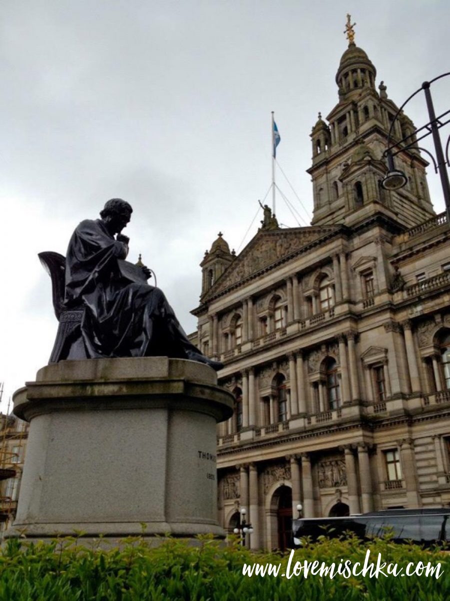 A sculpture outside of the Glasgow City Chambers in George Square in Glasgow, Scotland