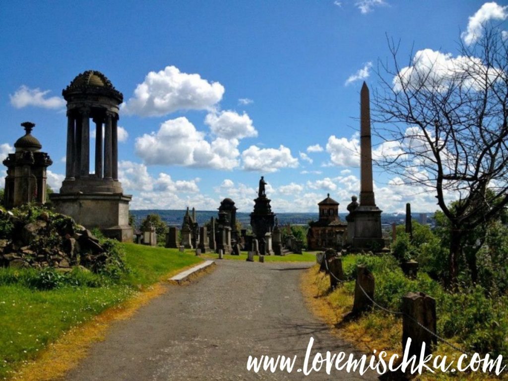Victorian, ornate monuments and meanderings pathways of the Necropolis in Glasgow, Scotland