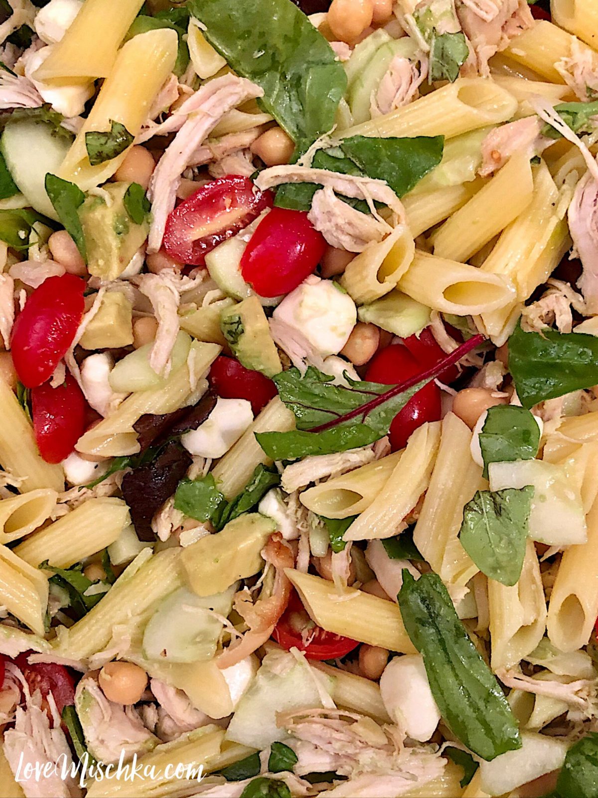 Close up of healthy pasta salad with tomatoes, chicken, basil, and more