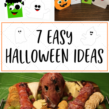 A collage that includes a cheeseboard with a skeleton wrapped in meat, Halloween goodie bags of a pumpkin, ghost, mummy, and Frankenstein, and the printable DIY versions of those bags.