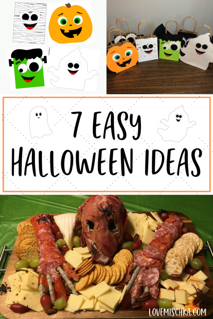A collage that includes a cheeseboard with a skeleton wrapped in meat, Halloween goodie bags of a pumpkin, ghost, mummy, and Frankenstein, and the printable DIY versions of those bags.