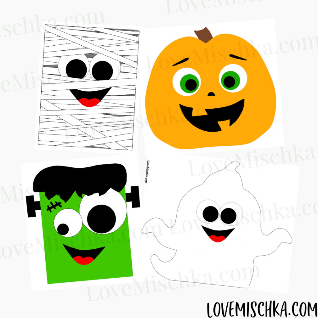 An adorable mummy goodie bag, a jack o lantern bag, a neon green Frankenstein's Monster bag, and a happy ghost goodie bag printable.