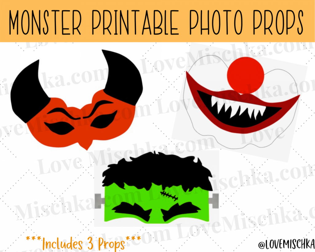 3 Photo Props - Red Devil face with Black Horns, Killer Clown with sharp teeth and a red nose, and green frankenstein's monster head with silver bolts, bushy eyebrows, and black stitches. 