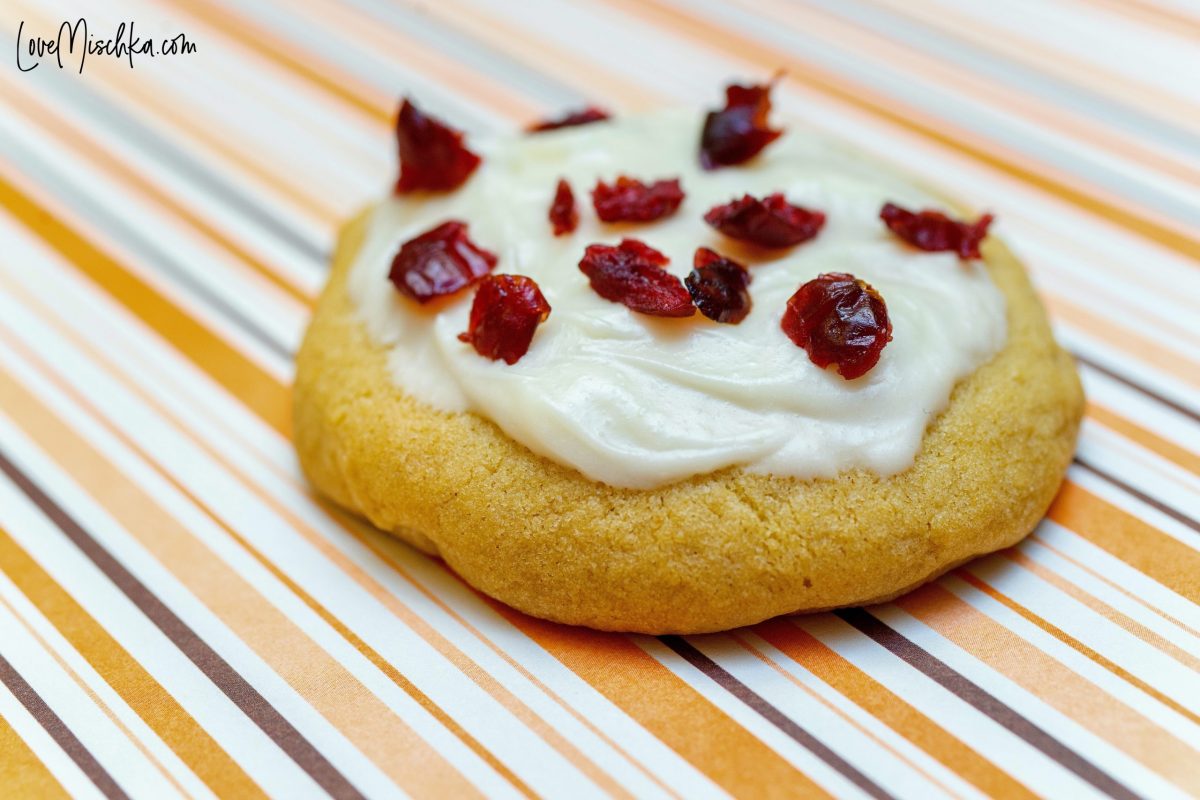 A close-up of one tan cranberry bliss bar cookie, topped with white cream cheese frosting and chopped dried cranberries.