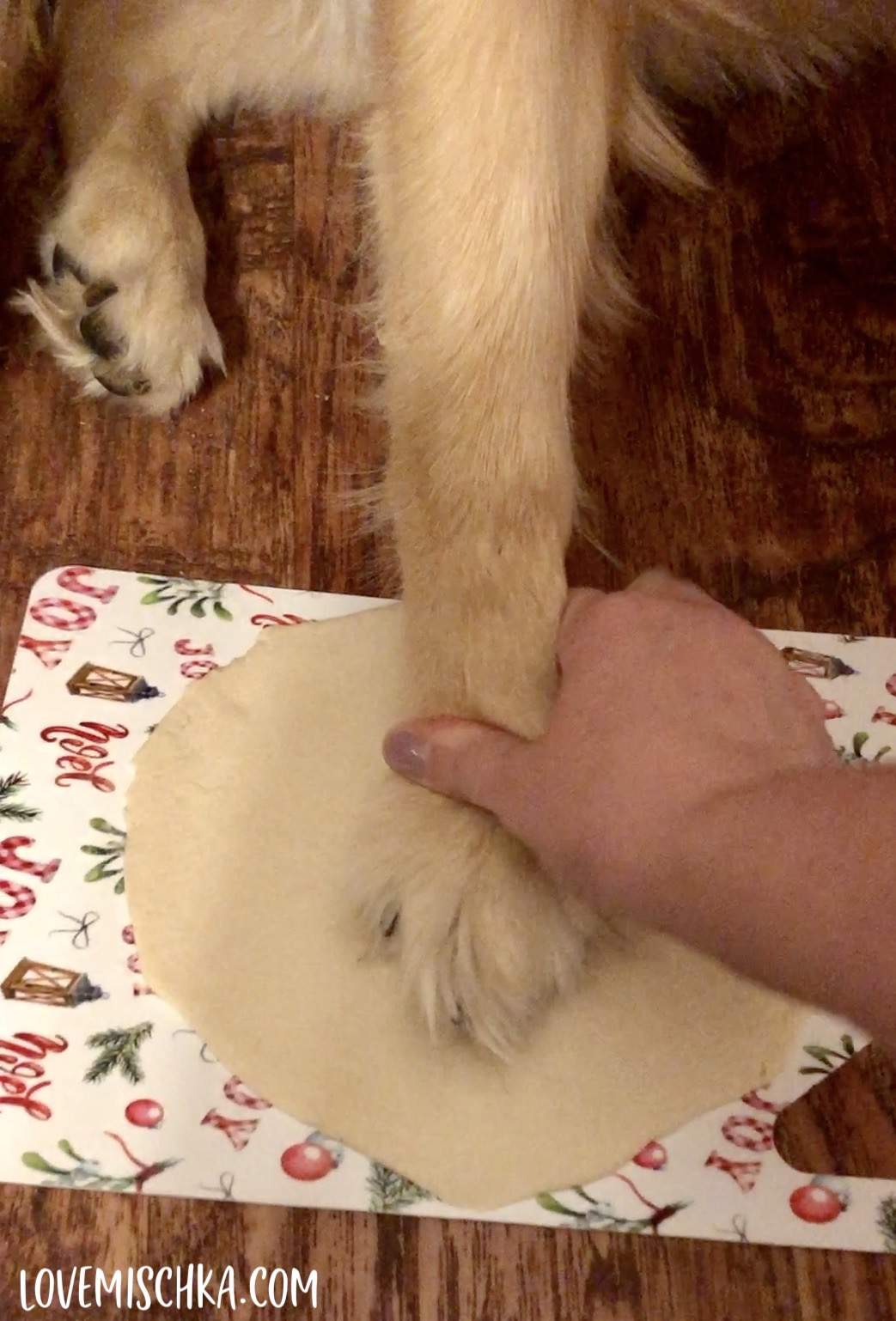 A golden retriever's paw is pressed into beige dough while making Paw Print Ornaments on a holiday-themed cutting board.
