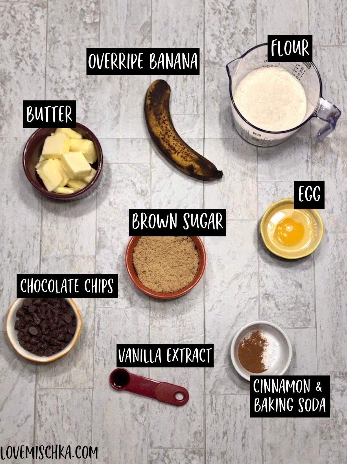 Ingredients for Banana Bread Cookies including an overripe, brown spotted banana.