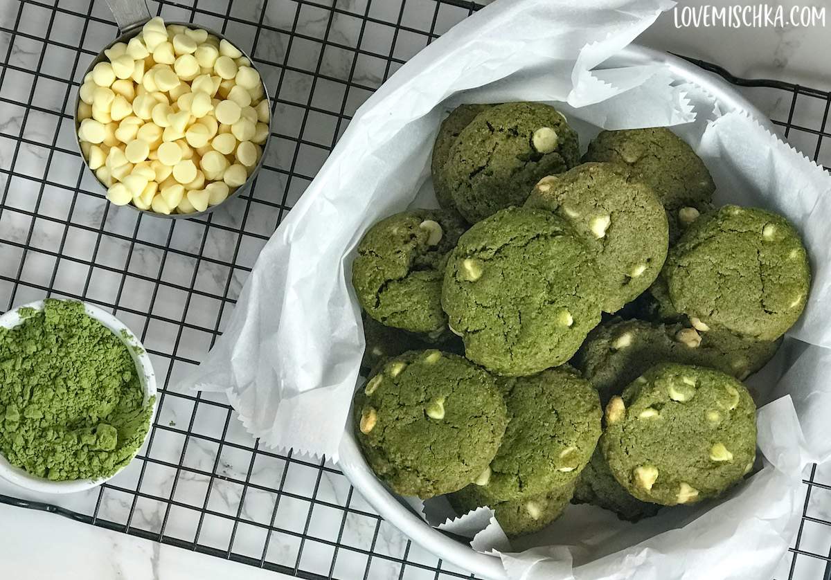 Ruby and white chocolate chewy matcha cookies