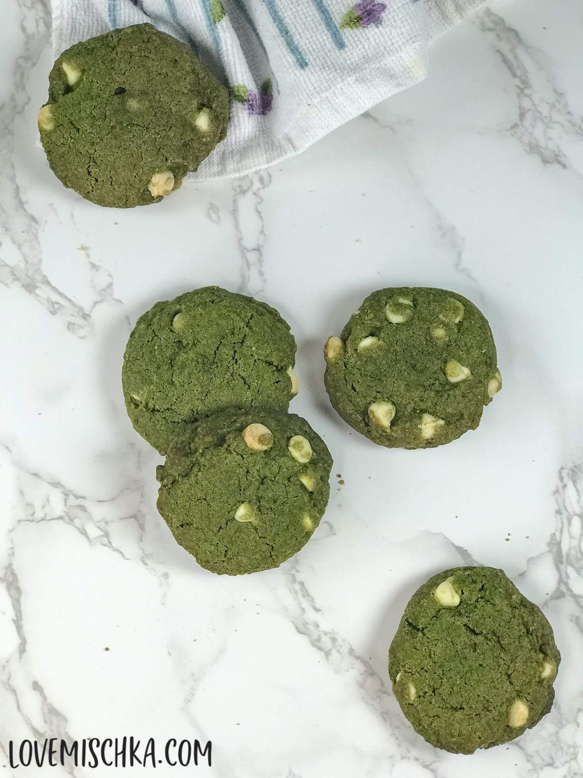 Ruby and white chocolate chewy matcha cookies