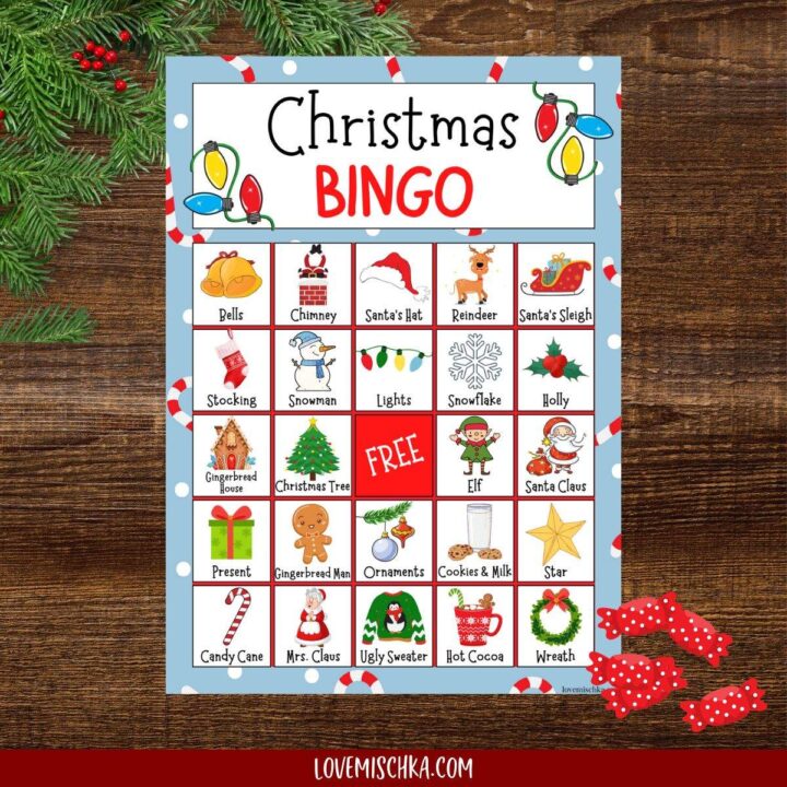 A free Christmas bingo card with words and images of popular and adorable holiday things, like a snowman, a green present, a white snowflake, a yellow star, and more.