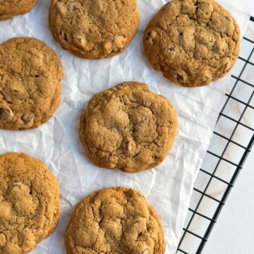 A batch of golden coffee cookies. with chocolate chips, sit on a sheet of white parchment paper on a black, wire rack.