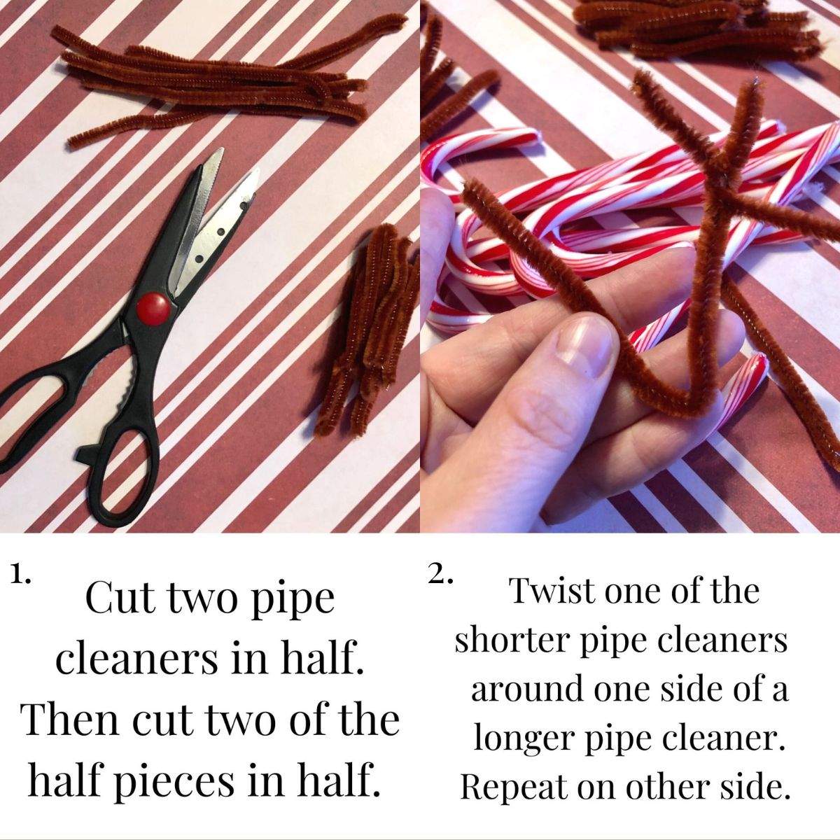 The first two steps to making antlers for a candy cane reindeer craft. The first photo shows stacks of brown pipe cleaners that were cut in half. The second photo shows a pipe cleaner being added to another pipe cleaner that is folded in half.