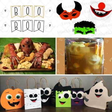 A collage of five photos that show DIY Halloween decorations, homemade Halloween props, a skeleton charcuterie board, shrunken head apple cider, and six adorable DIY Halloween goodie bags.