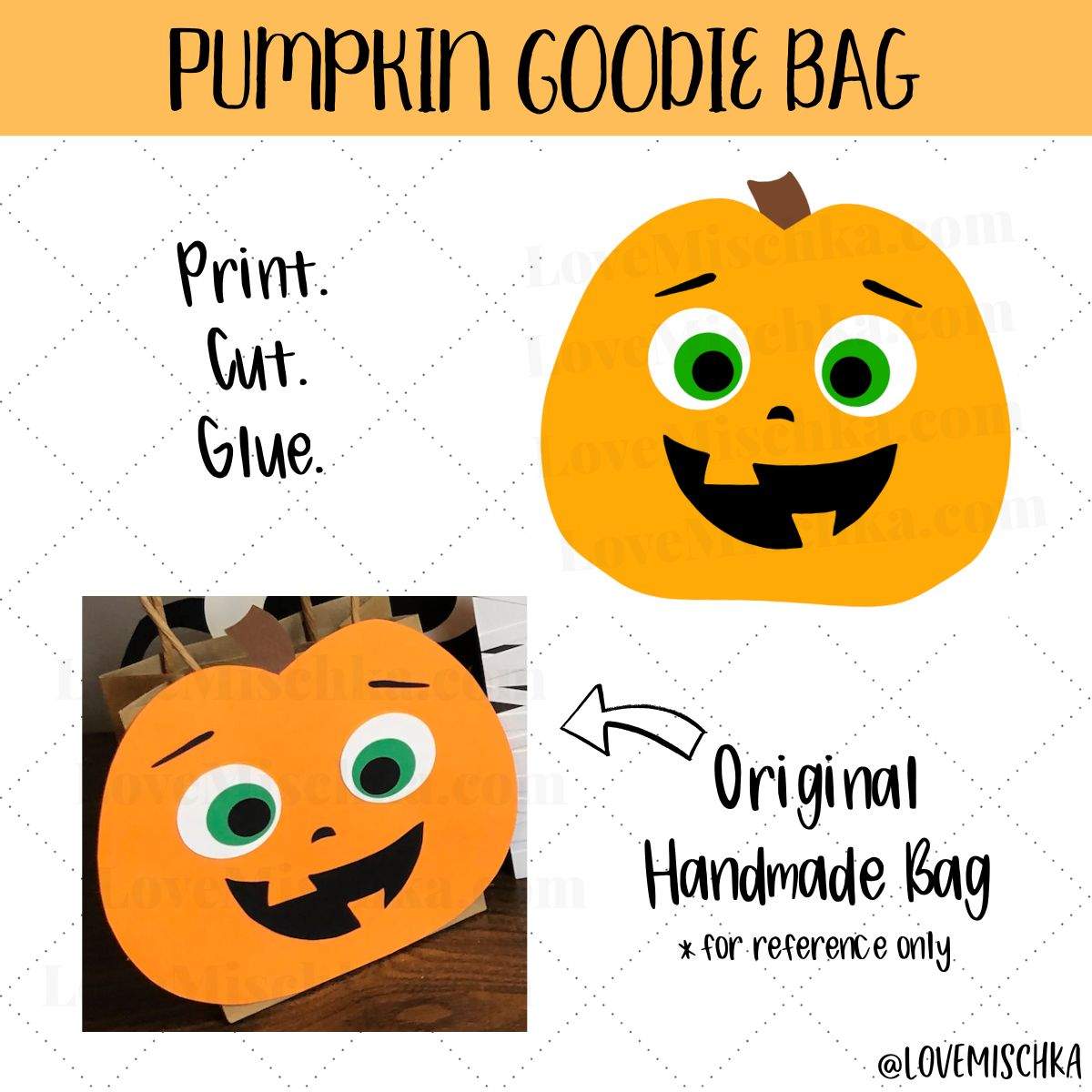 A bright orange, green-eyed, happy, handmade gift bag and the quick, easy, and cheap printable party favor version.
