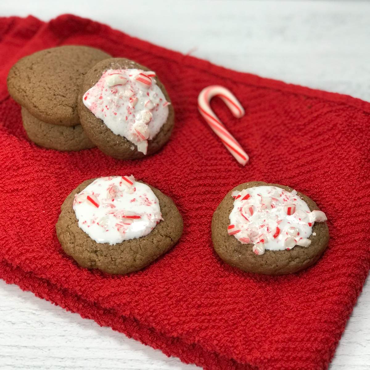Round, deep brown hot cocoa cookies, some with white, marshmallow fluff icing and pieces of candy cane on top, lay on a red towel with one mini candy cane.