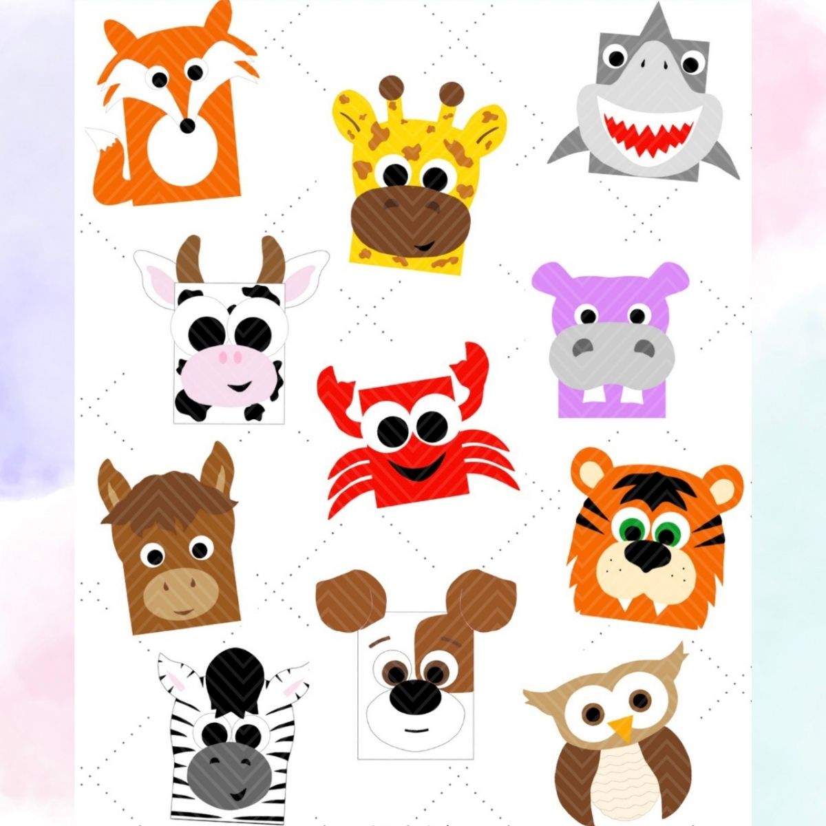 A collage of several printable party favor bag designs by Love Mischka - an orange fox with a bushy tail, a yellow giraffe with brown spots and a curious smile, an excited grey shark with sharp, white teeth and open mouth, a purple hippo with big teeth, a happy red crab printable with pinchers and legs that extend from the side of the gift bag and design, a simple cow, a brown, innocent horse, a black and white striped zebra, a brown and white dog with floppy ears, and orange tiger with black stripes, green eyes, and sharp teeth, and a inquisitive with a layered feather stomach.