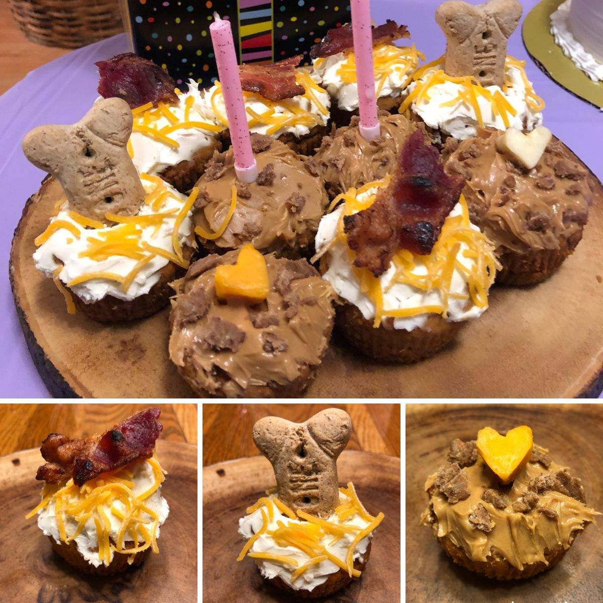 A collage of birthday cupcakes for dogs - some have white cream cheese as frosting, others have creamy peanut butter as frosting, all are topped with either shredded cheddar cheese, crumbled dog treats, milk bones, or crispy bacon.