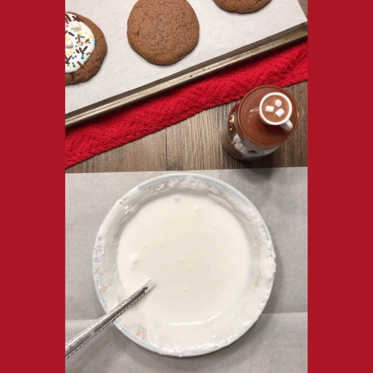 A small bowl of white, fluff marshmallow mixture on a sheet of parchment paper next to a prepared baking sheet of hot cocoa cookies being topped with the fluff.